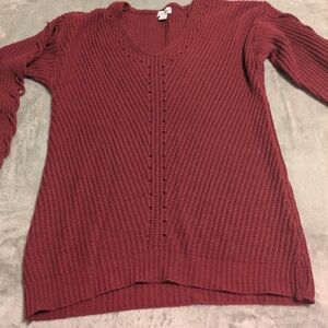 Caren Sport Women’s Knit Sweater | 2X Plus Size | Burgundy V-Neck Cable Sleeve